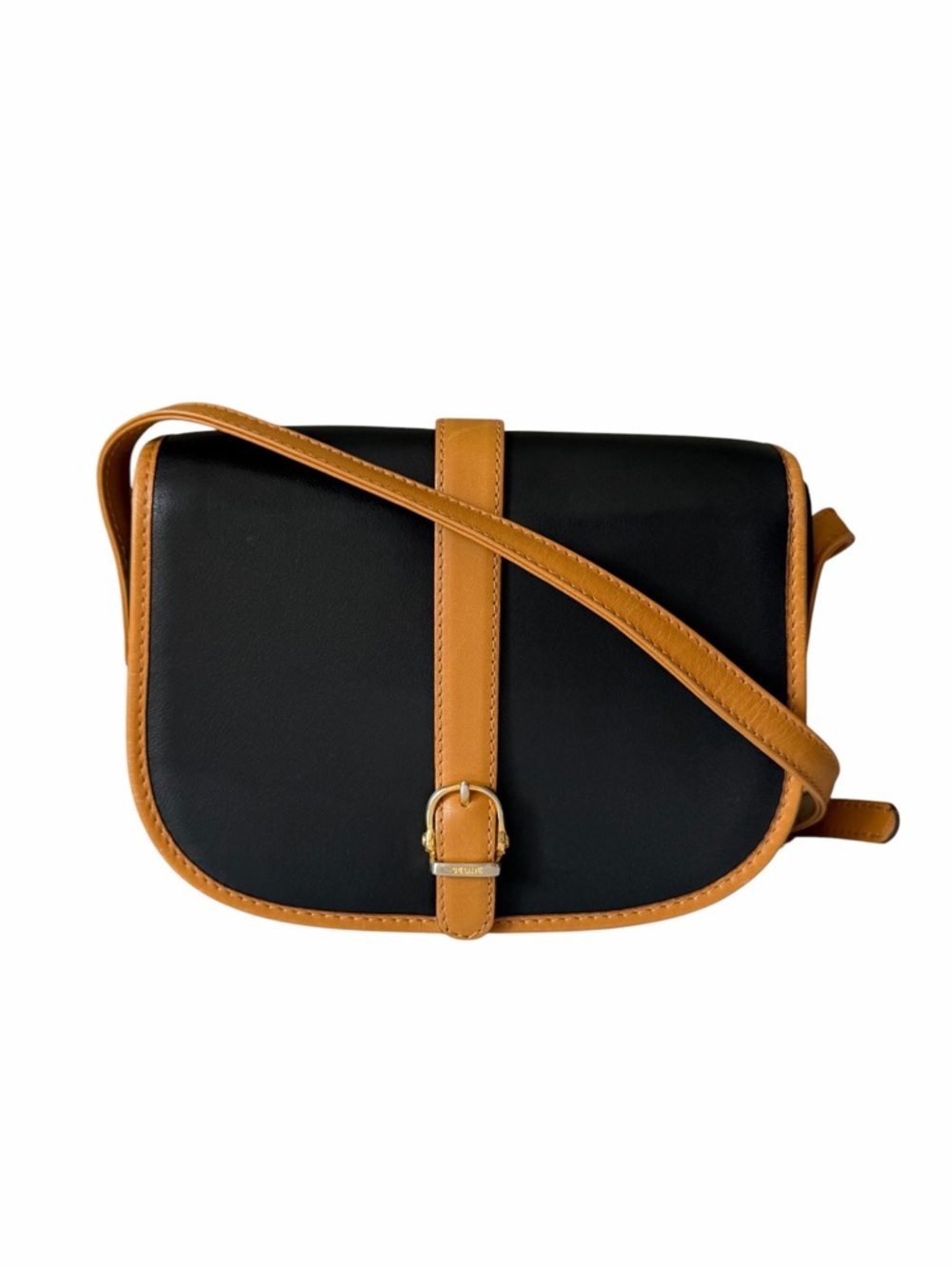 Celine Leather Crossbody Shoulder Bag Black with Tan Trim